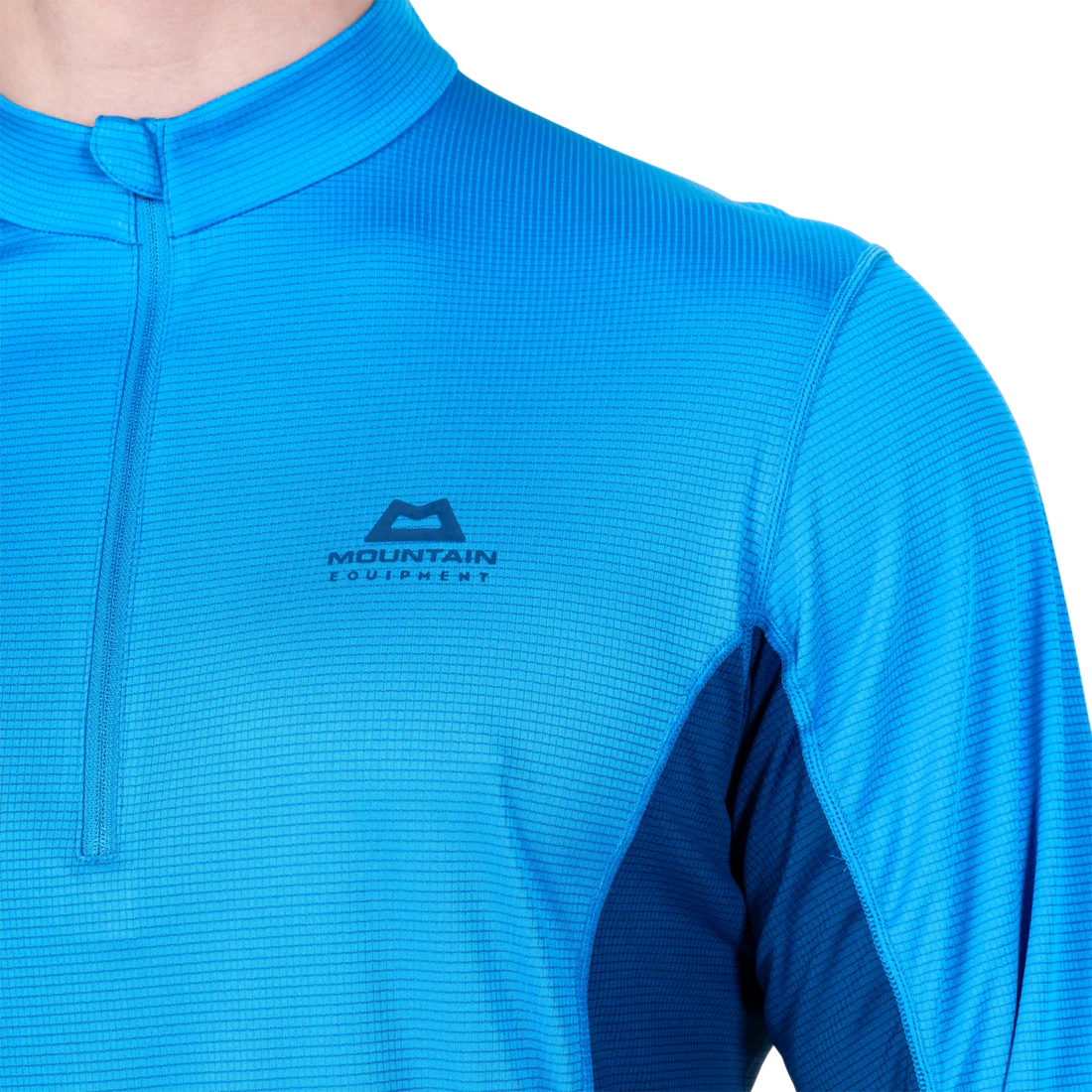 Mountain Equipment Ignis Long Sleeve Men's Zip Tee in Admiral/Atlantic - Collar and Zip Detail