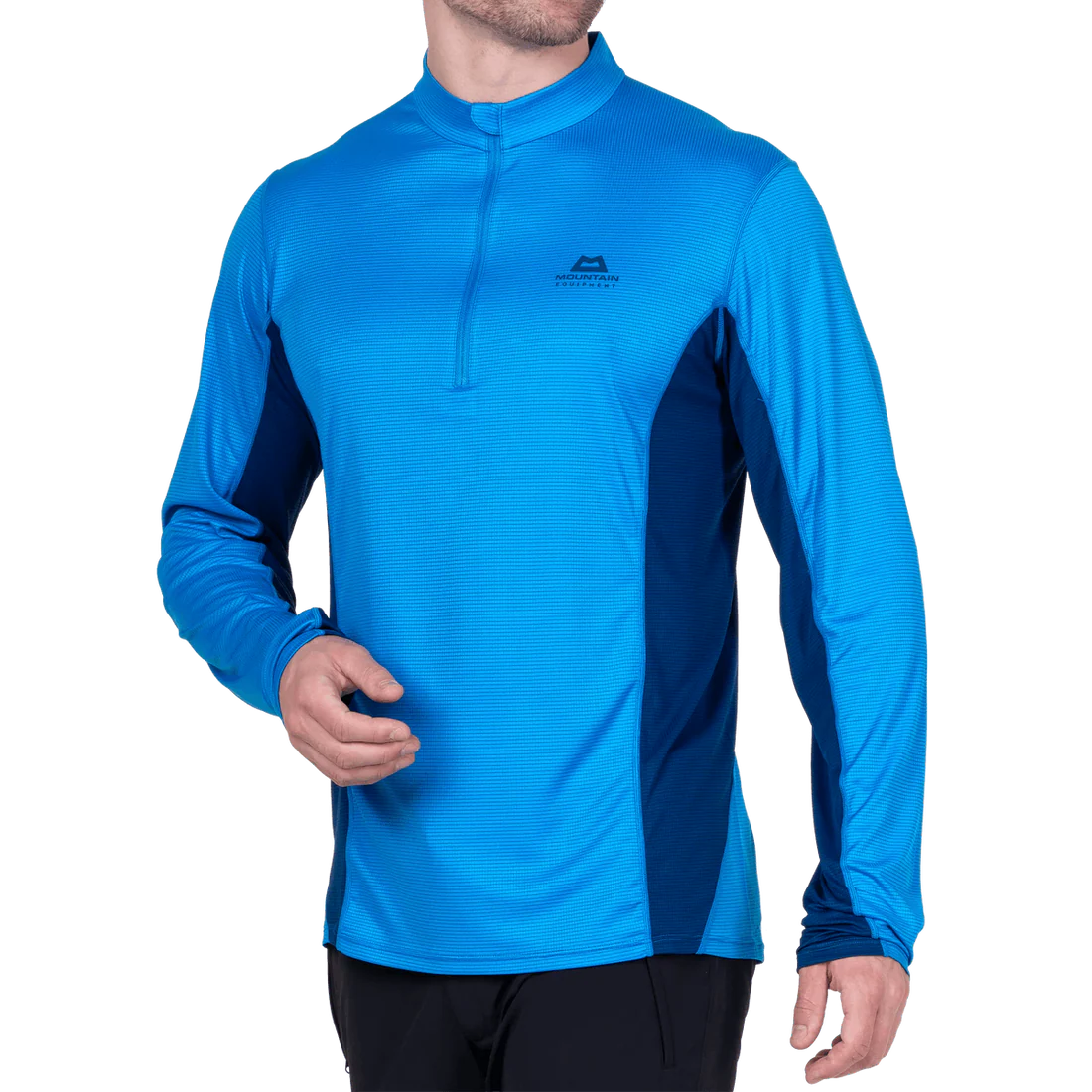 Mountain Equipment Ignis Long Sleeve Men's Zip Tee in Admiral/Atlantic - On Model Side