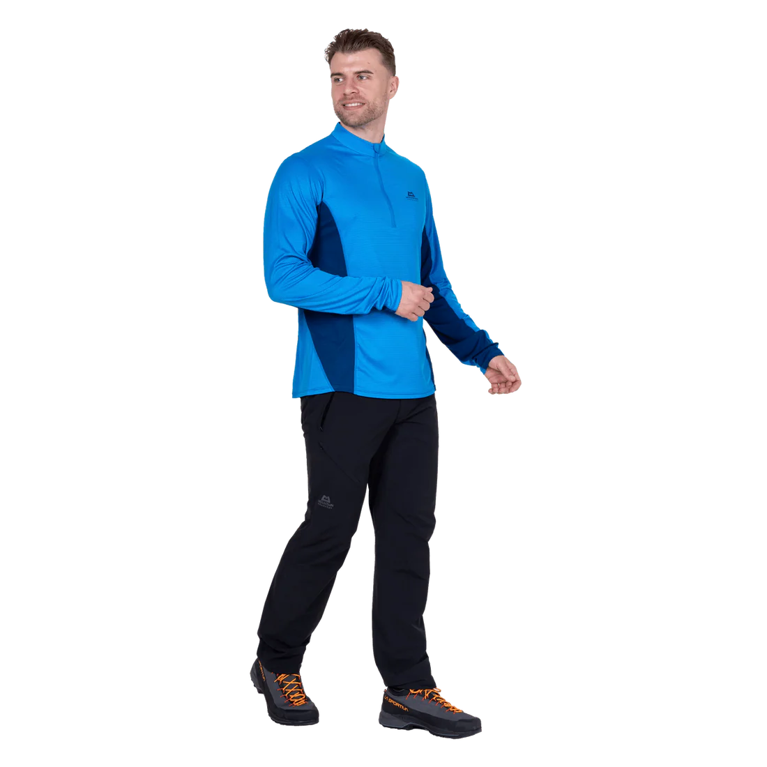 Mountain Equipment Ignis Long Sleeve Men's Zip Tee in Admiral/Atlantic - On Model Walking Side