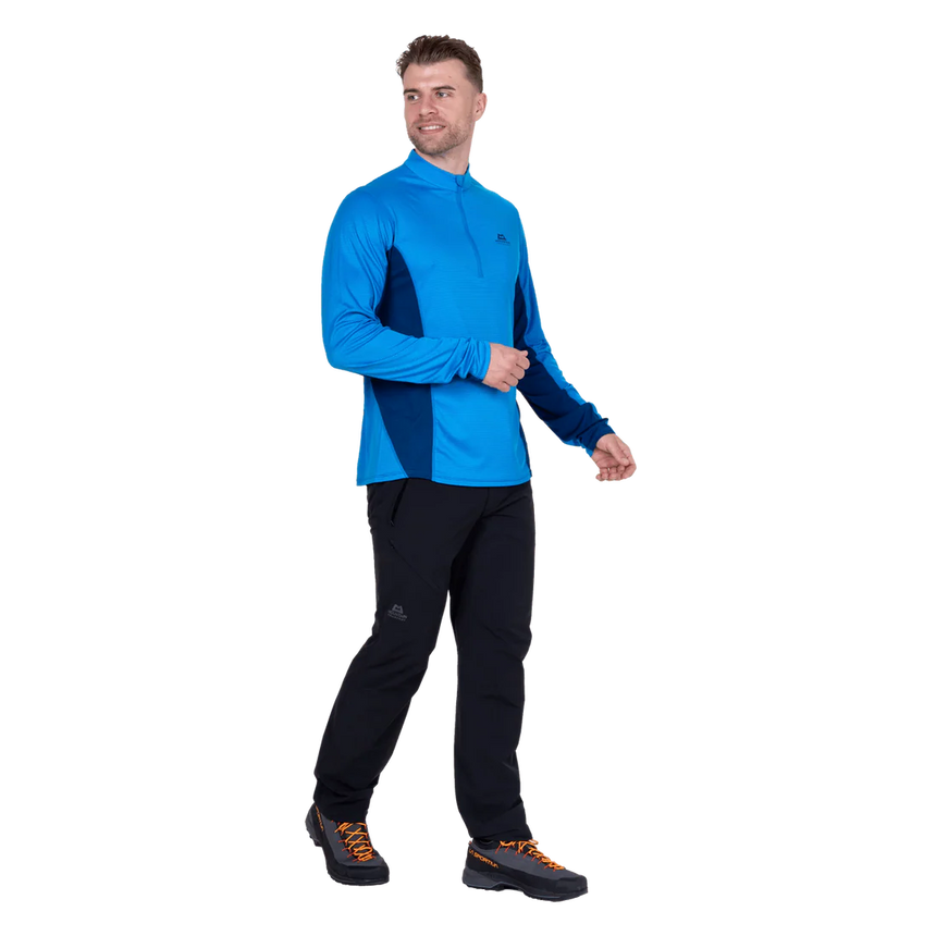 Mountain Equipment Ignis Long Sleeve Men's Zip Tee in Admiral/Atlantic - On Model Walking Side
