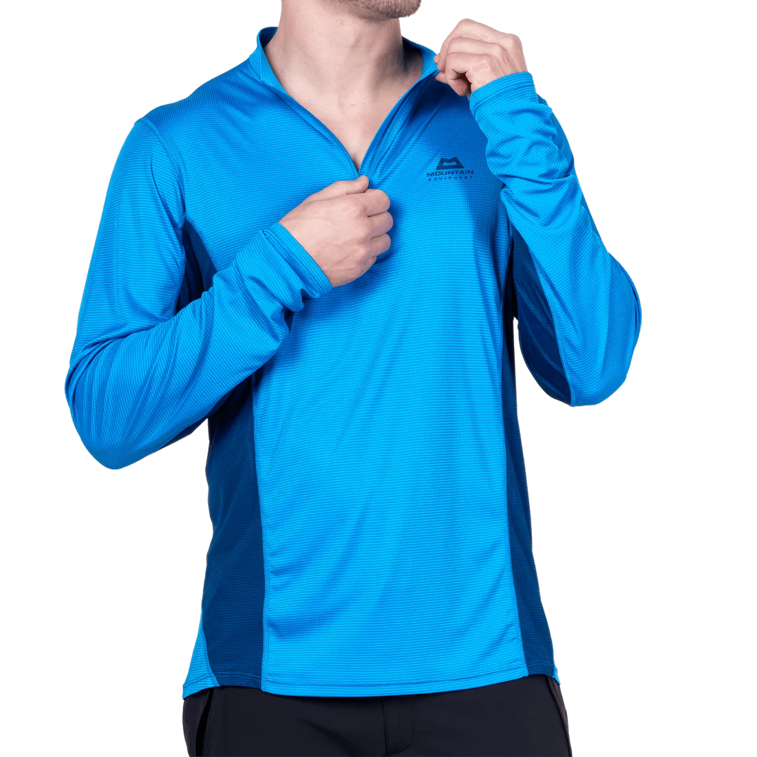 Mountain Equipment Ignis Long Sleeve Men's Zip Tee in Admiral/Atlantic - On Model Zipping