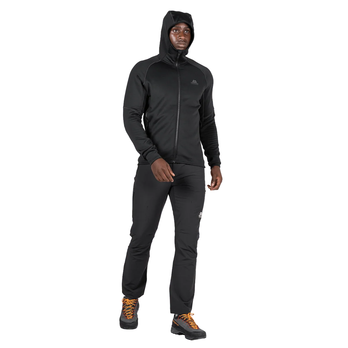 Mountain Equipment Jorasses Hooded Men's Jacket in Black - On Model Front, Hood Up