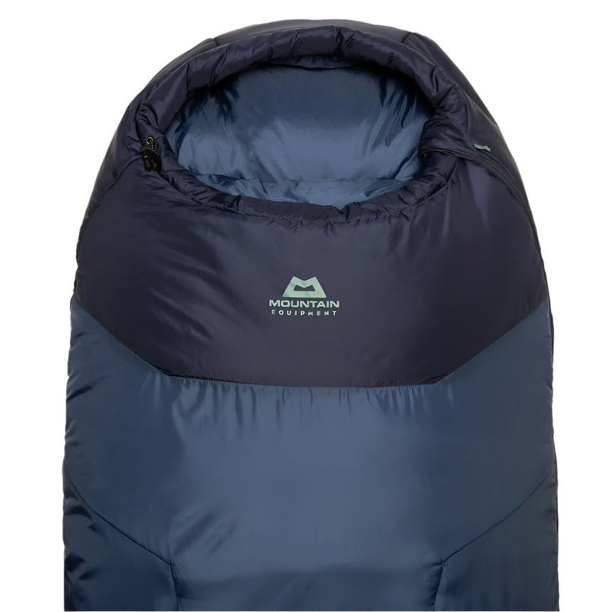 Mountain Equipment Klimatic I Women's Sleeping Bag in Dusk - Hood Closed Detail