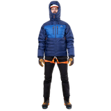 Mountain Equipment Kryos Men's Jacket in Admiral/Atlantic - On Model Hood Up Front