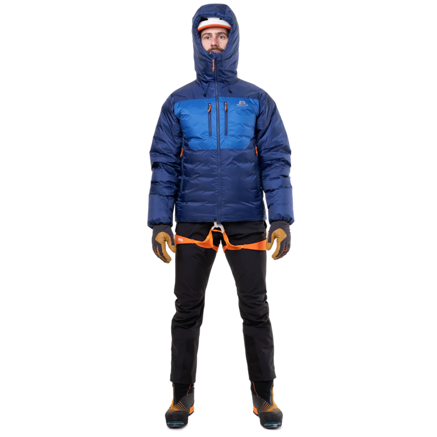 Mountain Equipment Kryos Men's Jacket in Admiral/Atlantic - On Model Hood Up Front