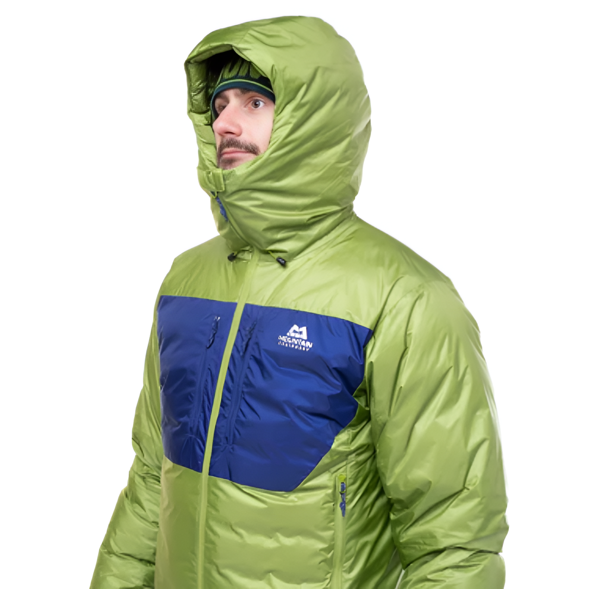 Mountain Equipment Kryos Men's Jacket in Cactus/Admiral - On Model Hood Up Side