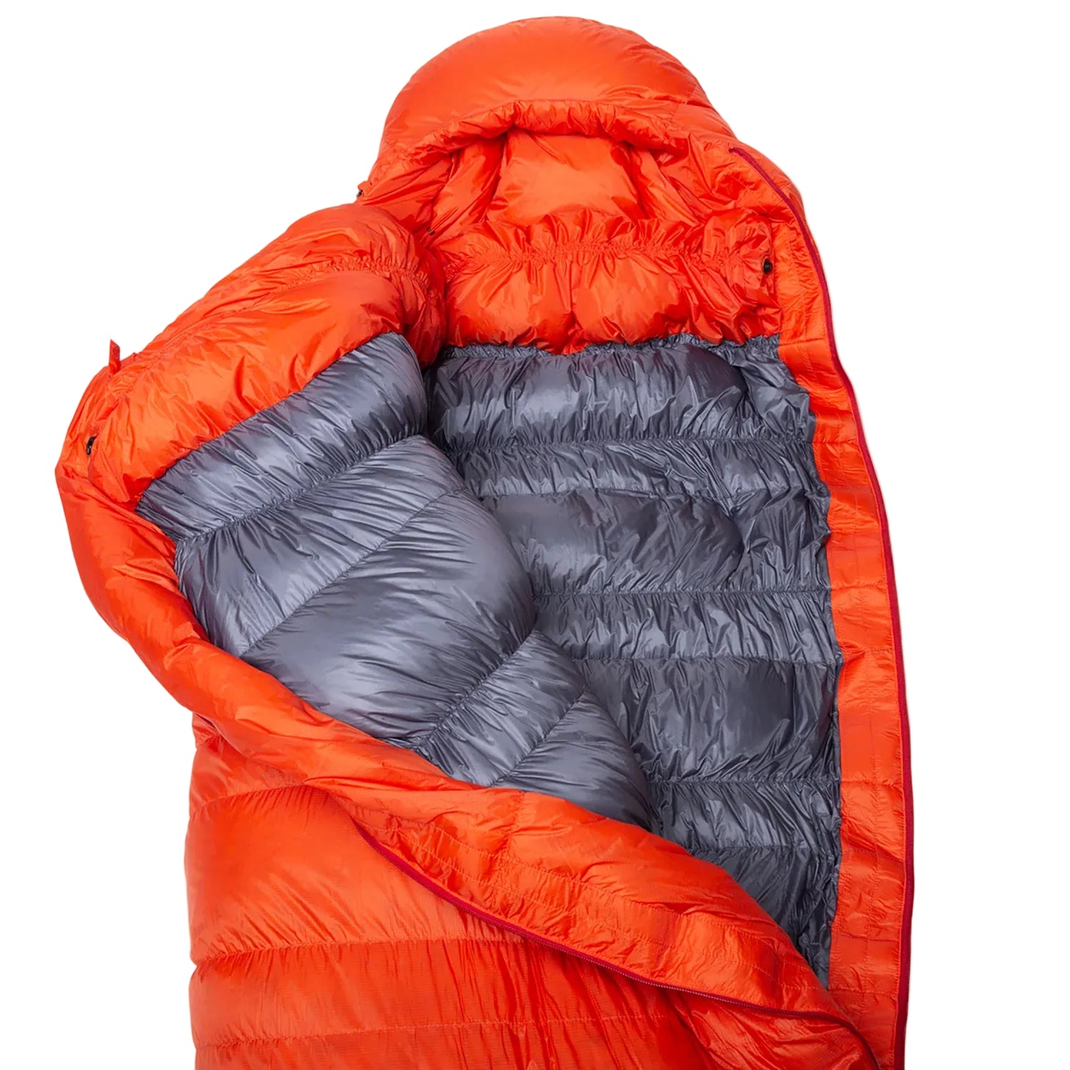 Mountain Equipment Kryos Sleeping Bag in Cardinal Orange - Open Hood