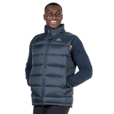 Mountain Equipment Lightline Men's Vest in Blue Nights - close up front view on model
