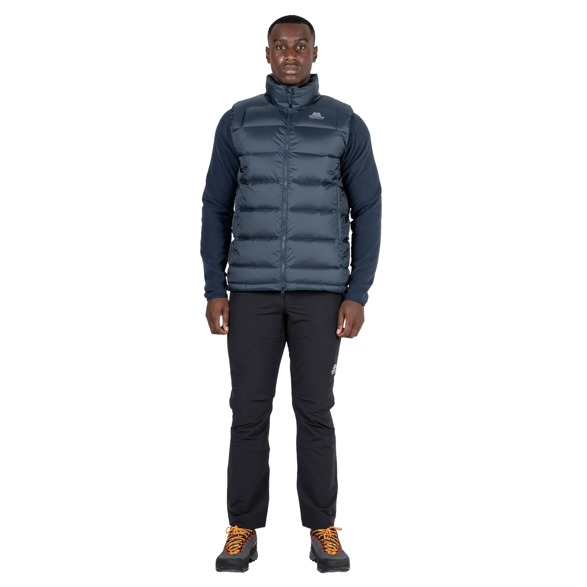Mountain Equipment Lightline Men's Vest in Blue Nights - front view on model showing Drilite Loft outer and full length fit
