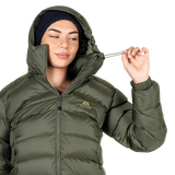 Zip-off Mountain Insulated Hood detail on model on Mountain Equipment Lightline Women's Jacket in Buckthorn