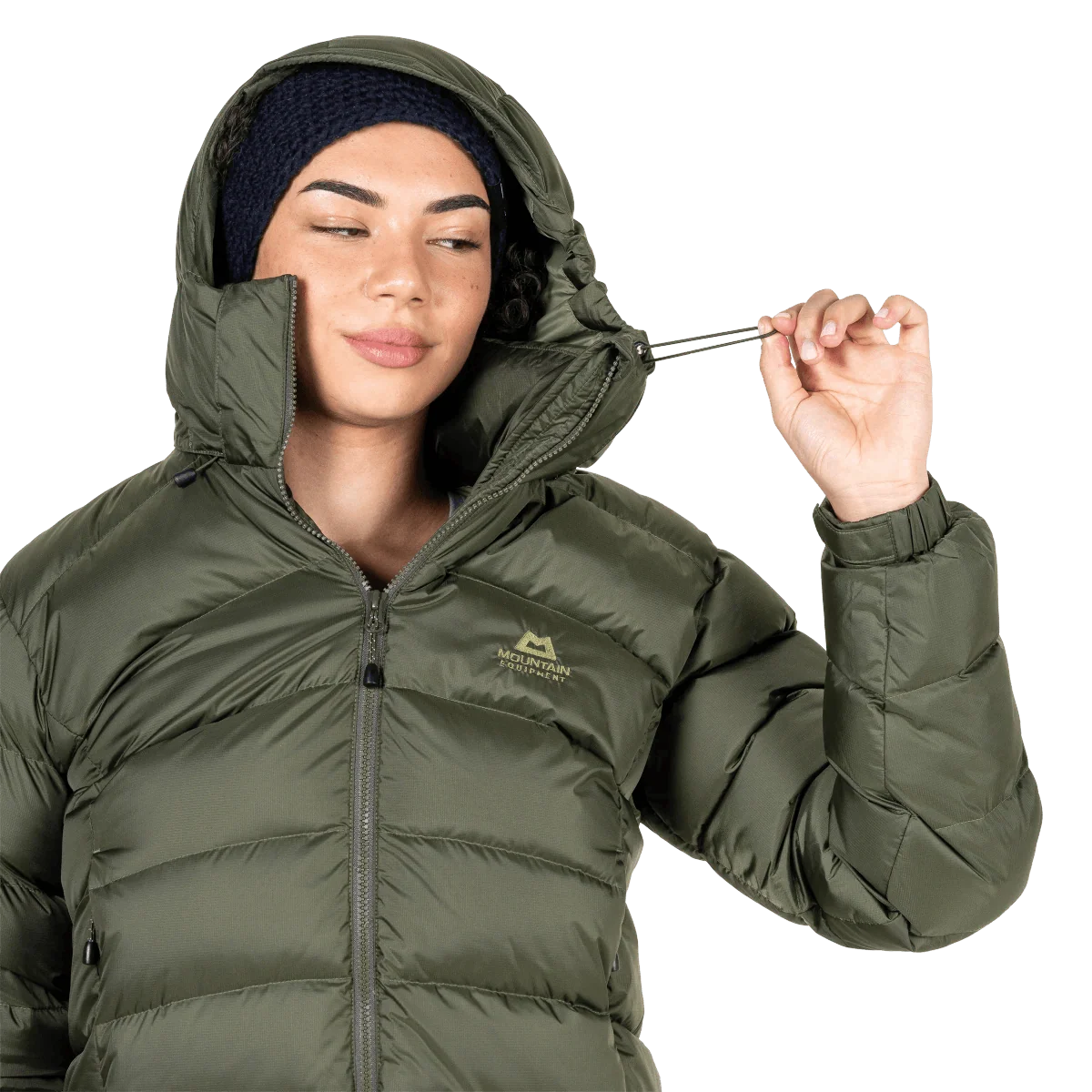 Zip-off Mountain Insulated Hood detail on model on Mountain Equipment Lightline Women's Jacket in Buckthorn