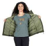 Mountain Equipment Lightline Women's Jacket in Buckthorn - detail view on model showing inner lining and open front