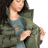 2-way YKK moulded centre front zip detail on model on Mountain Equipment Lightline Women's Jacket in Buckthorn