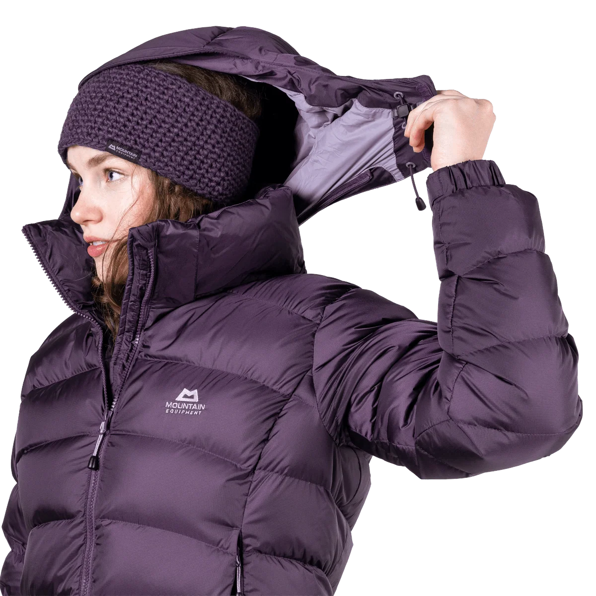 Zip-off Mountain Insulated Hood detail on model on Mountain Equipment Lightline Women's Jacket in Nightshade