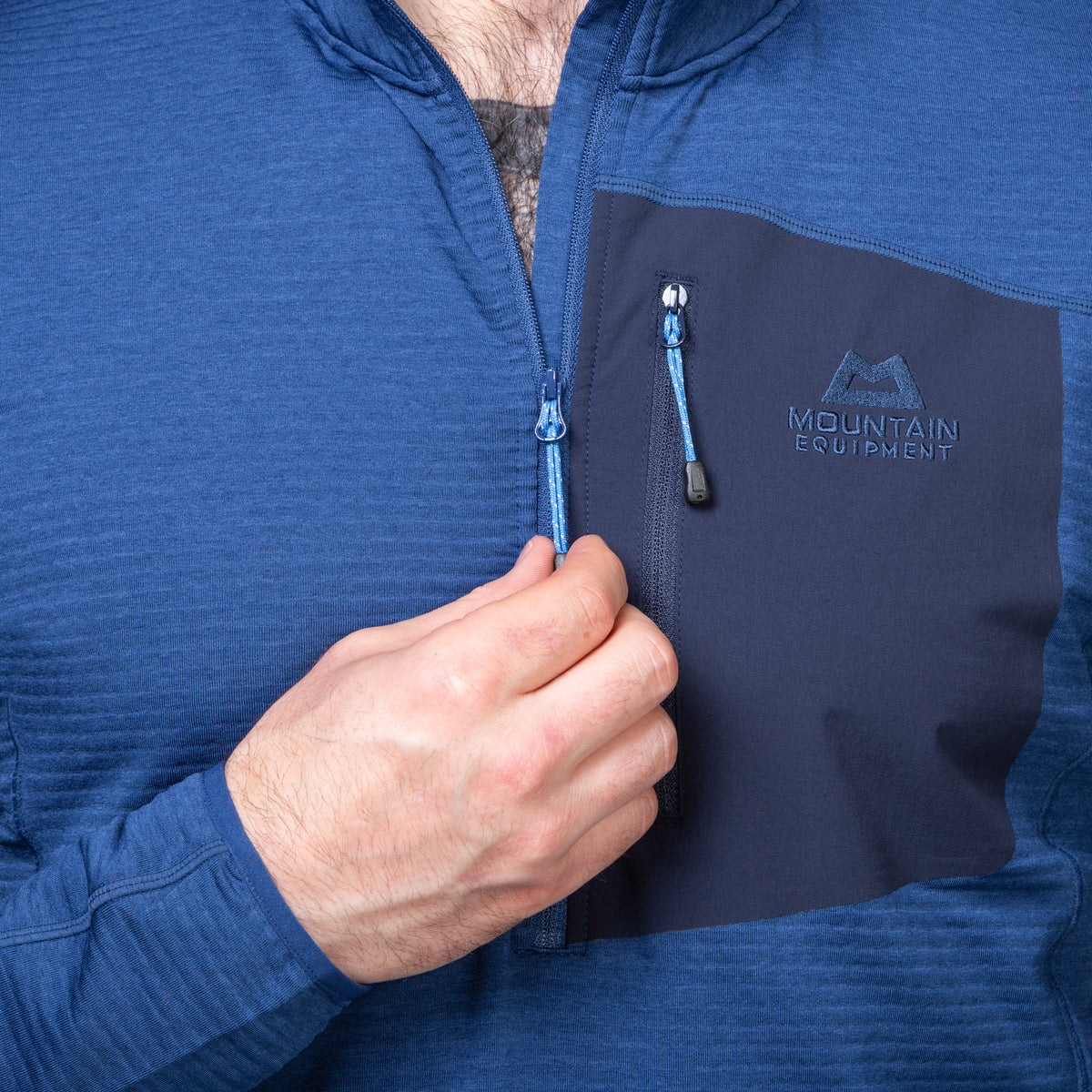 Mountain Equipment Lumiko Men's Zip T in Admiral/Cosmos - Zip Detail