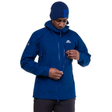 Mountain Equipment Makalu GORE-TEX Men's Jacket in Admiral Blue - hood detail, worn