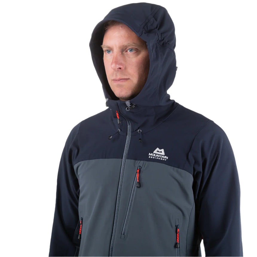 Mountain Equipment Mission Softshell Jacket in Ombre Blue/Cosmos - Hood Detail