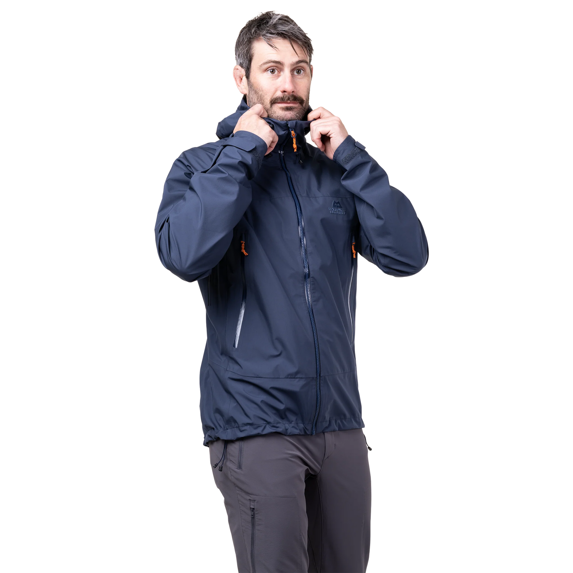 Mountain Equipment Odyssey Men's Jacket in Cosmos - On Model Hood Adjust