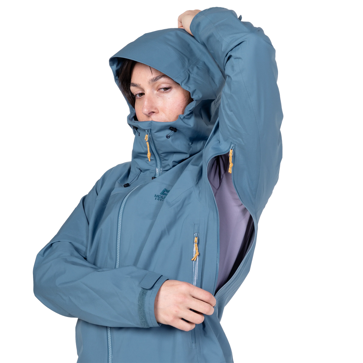Mountain Equipment Odyssey Women's Jacket in Stellar Blue - On Model Hood Adjust