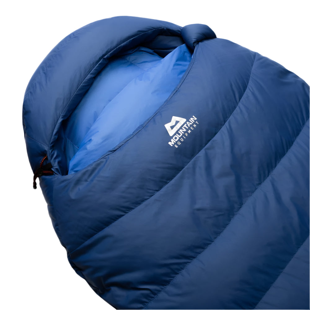 Mountain Equipment Olympus 650 Sleeping Bag in Admiral Blue - Hood Closed Detail