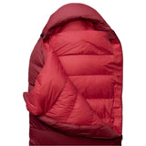 Mountain Equipment Olympus 650 Women's Sleeping Bag in Rhubarb - Hood Open Detail