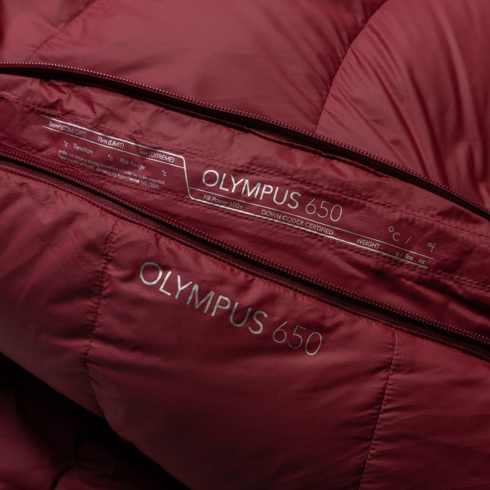 Mountain Equipment Olympus 650 Women's Sleeping Bag in Rhubarb - Logo Detail