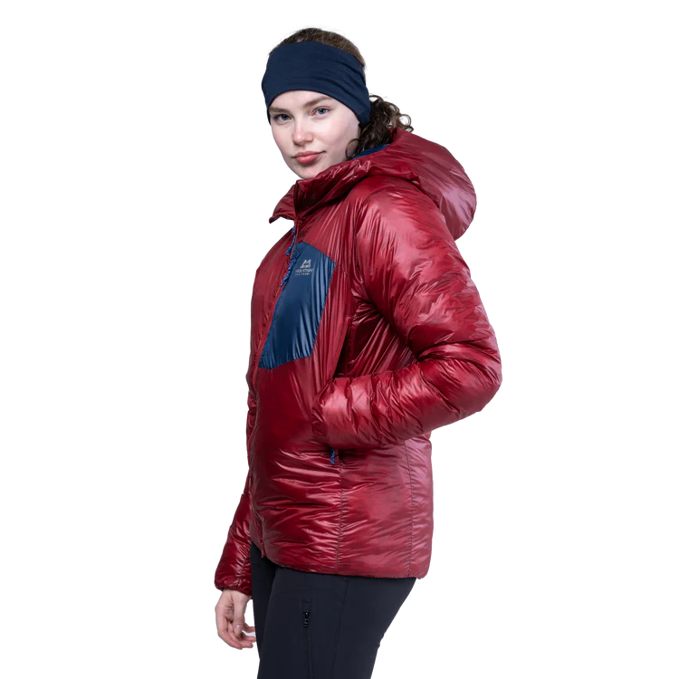 Mountain Equipment Oreus Hooded Women's Jacket in Merlot/Admiral Blue - Front Fit