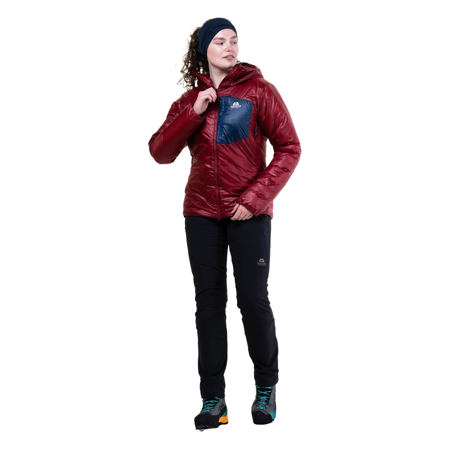 Mountain Equipment Oreus Hooded Women's Jacket in Merlot/Admiral Blue - Front Fit