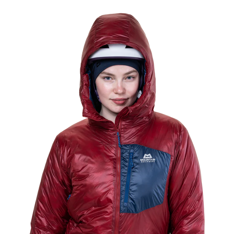 Mountain Equipment Oreus Hooded Women's Jacket in Merlot/Admiral Blue - Hood Detail