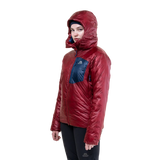 Mountain Equipment Oreus Hooded Women's Jacket in Merlot/Admiral Blue - Hood Up Front