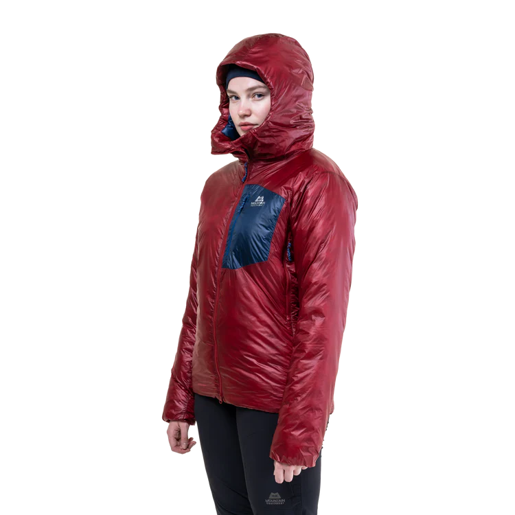 Mountain Equipment Oreus Hooded Women's Jacket in Merlot/Admiral Blue - Hood Up Front