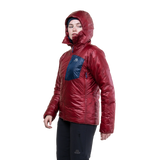 Mountain Equipment Oreus Hooded Women's Jacket in Merlot/Admiral Blue - Hood Up Side