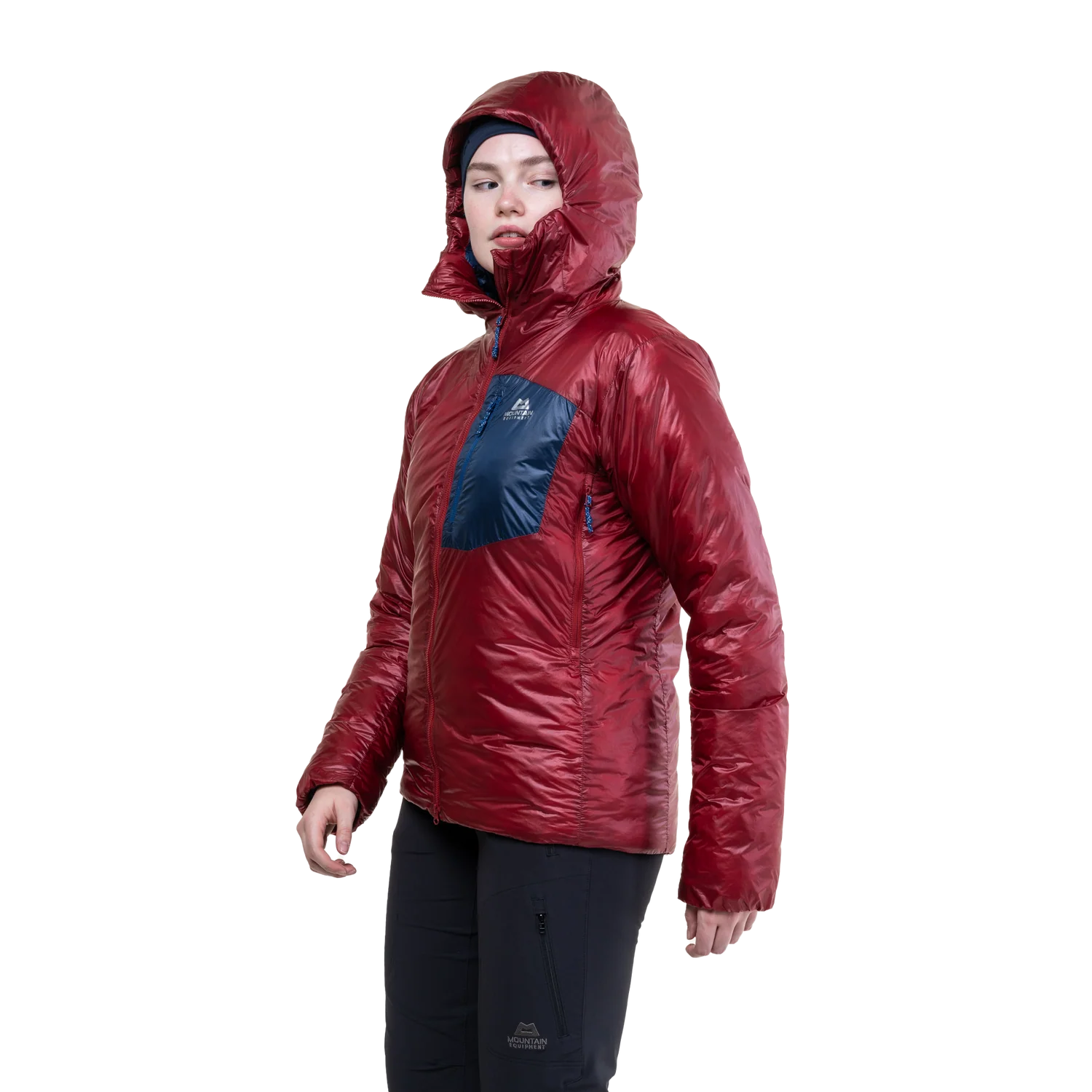 Mountain Equipment Oreus Hooded Women's Jacket in Merlot/Admiral Blue - Hood Up Side