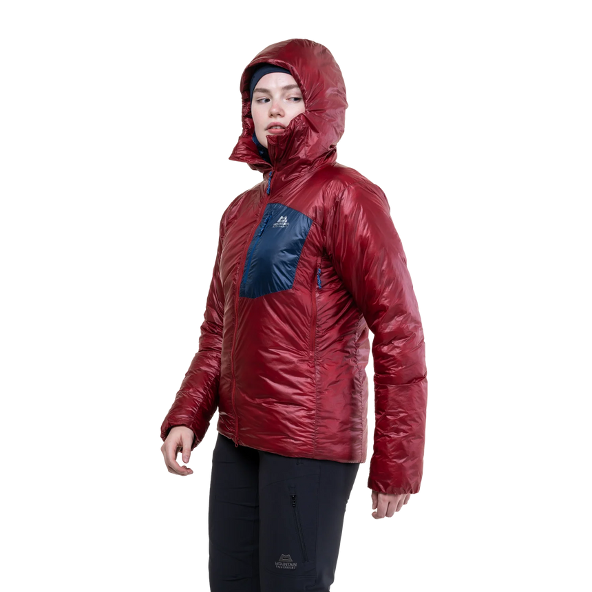 Mountain Equipment Oreus Hooded Women's Jacket in Merlot/Admiral Blue - Hood Up Side