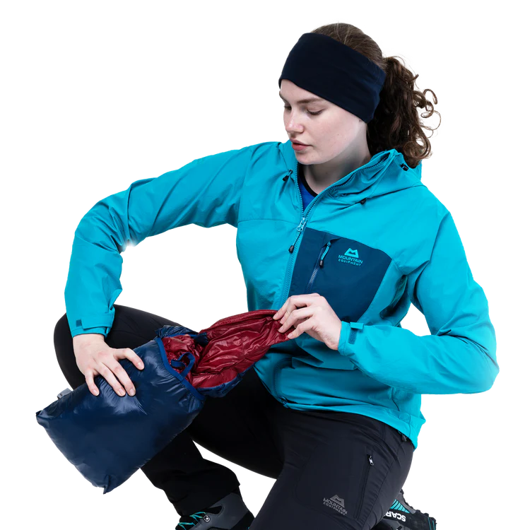 Mountain Equipment Oreus Hooded Women's Jacket in Merlot/Admiral Blue - Packed