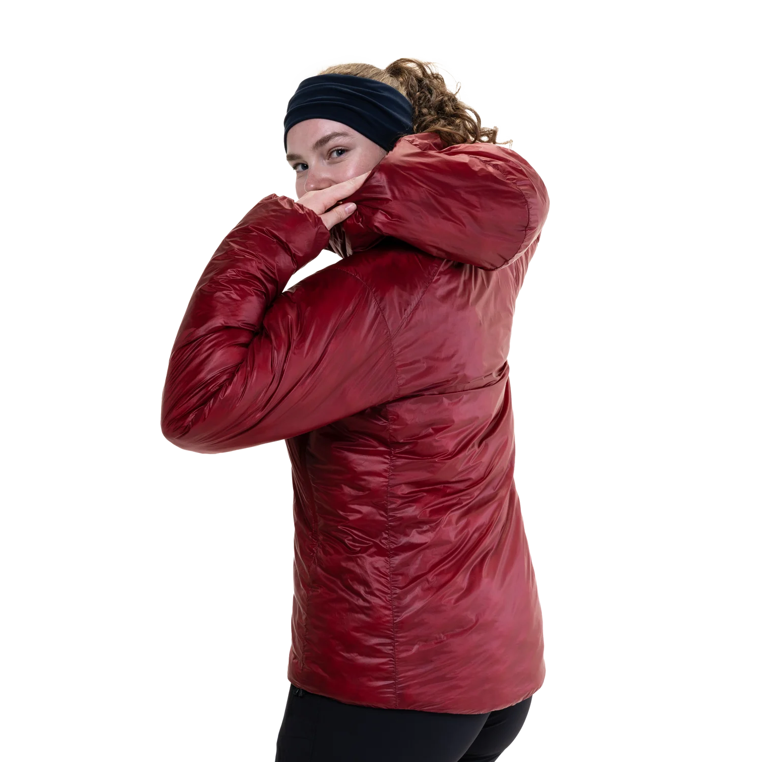 Mountain Equipment Oreus Hooded Women's Jacket in Merlot/Admiral Blue - Side Fit