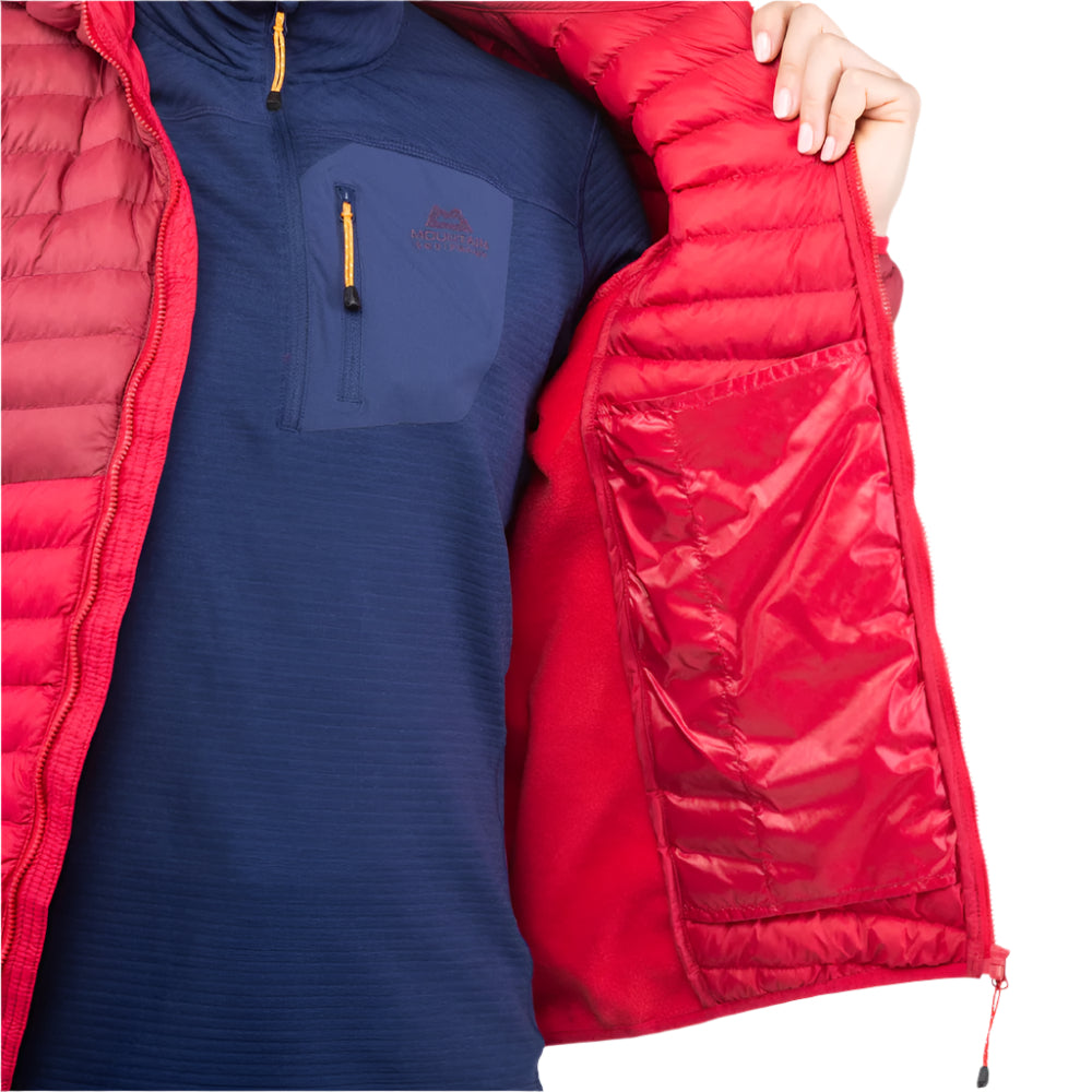 Mountain Equipment Particle Hooded Women's Jacket in Capsicum/Tibetan Red - Chest Zip Detail