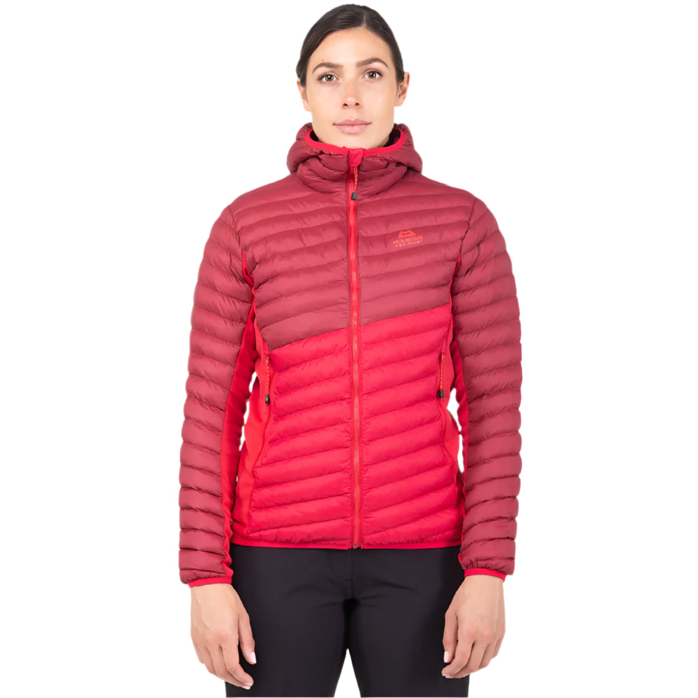 Mountain Equipment Particle Hooded Women's Jacket in Capsicum/Tibetan Red - Front Fit on Model