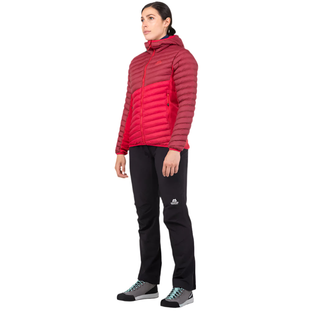 Mountain Equipment Particle Hooded Women's Jacket in Capsicum/Tibetan Red - Side Full Length on Model