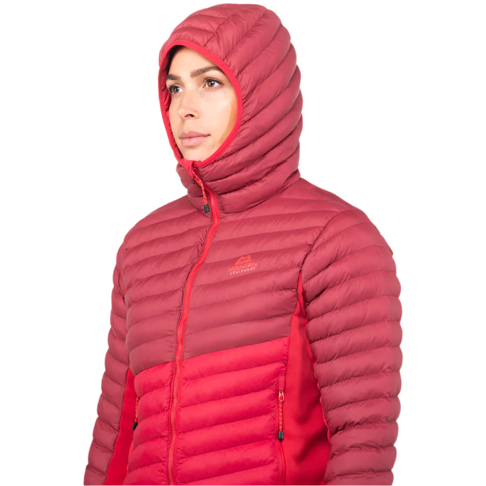 Mountain Equipment Particle Hooded Women's Jacket in Capsicum/Tibetan Red - Side Fit on Model with Hood Up