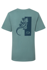 Mountain Equipment Podus Women's Tee in Goblin Blue - Back flat lay showing graphic