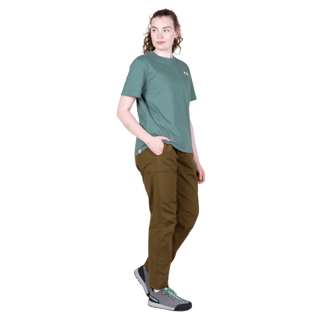 Mountain Equipment Podus Women's Tee in Goblin Blue - Graphic detail