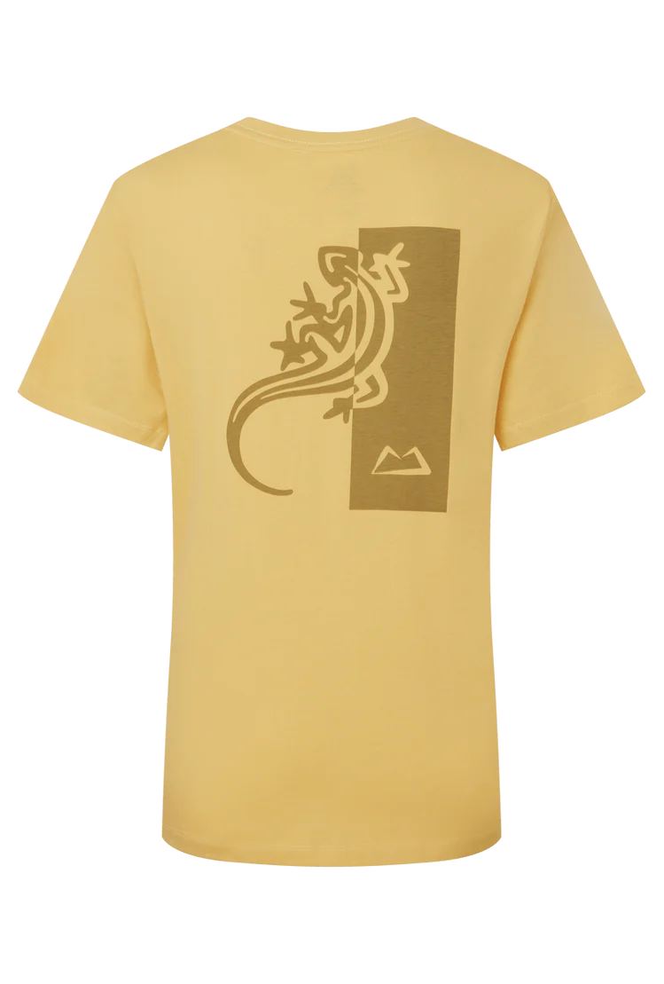 Mountain Equipment Podus Women's Tee in Rattan - Back flat lay showing graphic