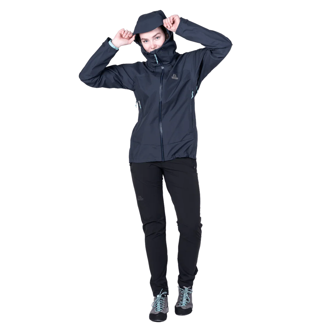 Mountain Equipment Raintower Women's Jacket in Cosmos - Hood adjustment model view