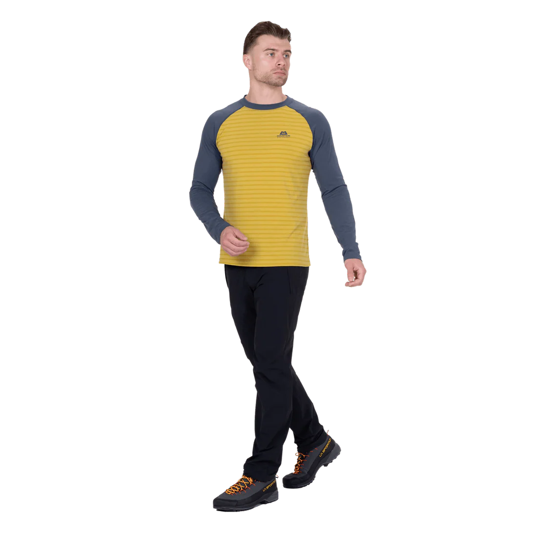 Mountain Equipment Redline LS Men's Tee in Acidstripe/Denim - On Model Walking Front