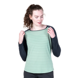 Mountain Equipment Redline LS Women's Tee in Lichen Stripe/Cosmos - Front flat lay
