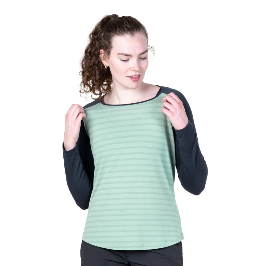 Mountain Equipment Redline LS Women's Tee in Lichen Stripe/Cosmos - Front flat lay