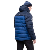 Mountain Equipment Senja Men's Down Jacket in Admiral/Cosmos - Back Angle Shot on Model