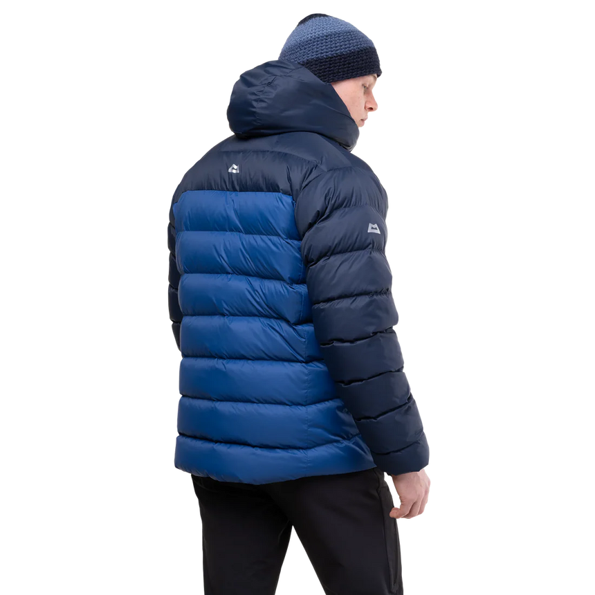 Mountain Equipment Senja Men's Down Jacket in Admiral/Cosmos - Back Angle Shot on Model