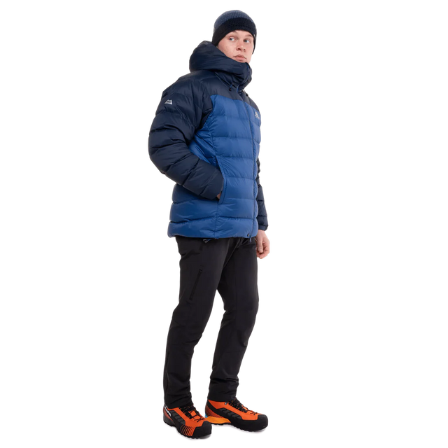 Mountain Equipment Senja Men's Down Jacket in Admiral/Cosmos - Front Angle Shot of Model with Hand in Pocket